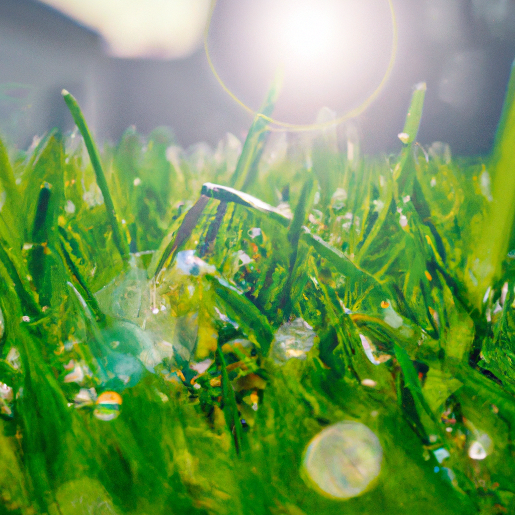 Natte ochtenddauw op een Belgisch gazon, zonlicht en sprankelende druppels